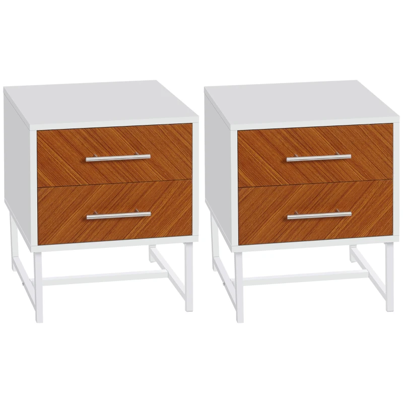 HOMCOM Set da 2 Comodini Moderni con 2 Cassetti in Metallo e Legno, 40x39x48cm, Marrone e Bianco