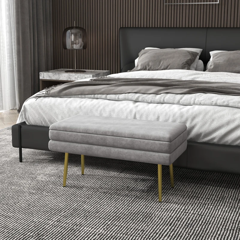 HOMCOM Banc banquette coffre de rangement 2 en 1 assise aspect velours et pieds acier - 79,5L x 37,5P x 43H cm gris et doré