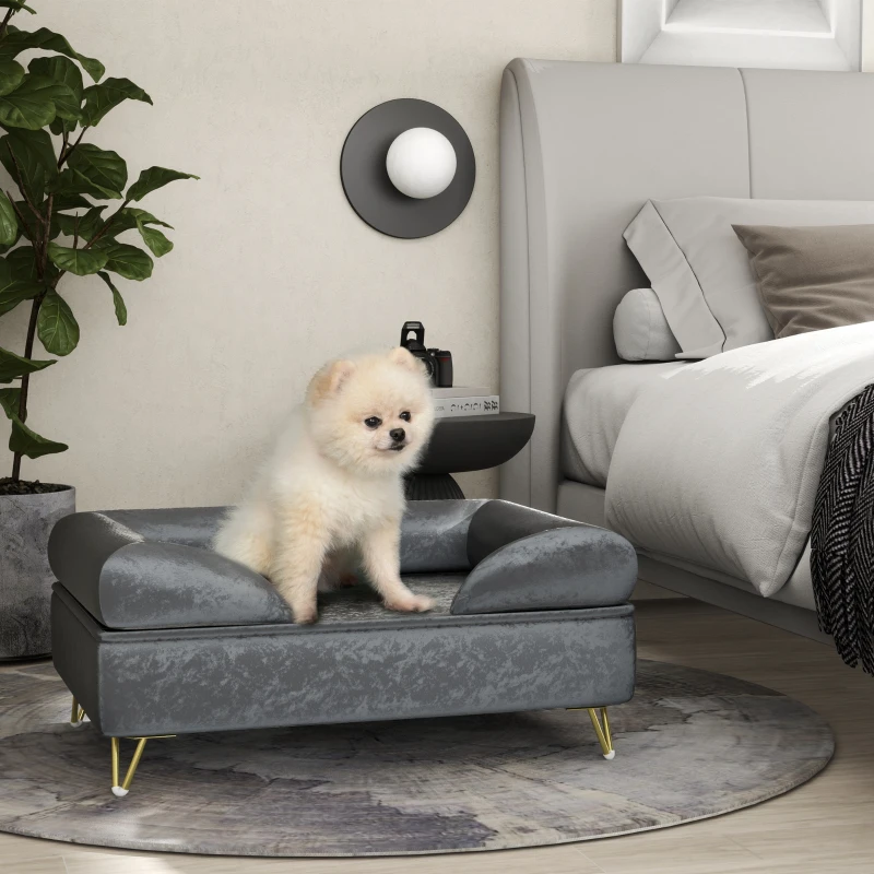 PawHut Canapé pour chien pieds en métal revêtement en velours néerlandais housse de coussin lavable 76 x 53,5 x 34 cm gris