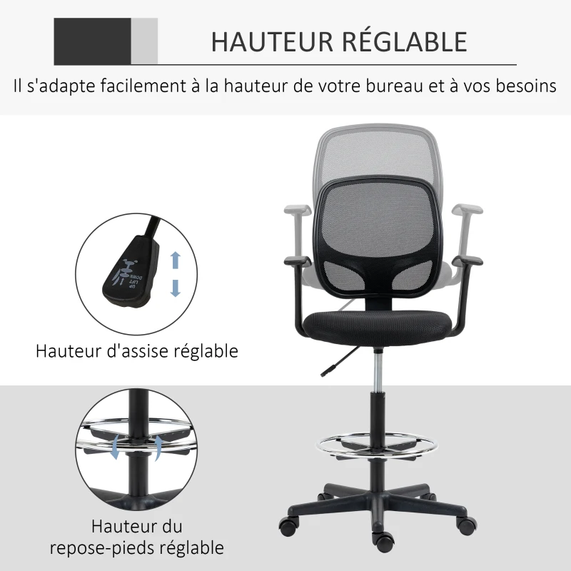 Vinsetto Chaise bureau ergonomique, chaise de dessin, repose-pieds, dossier en maille, hauteur réglable, 60x56x110-132cm, noir