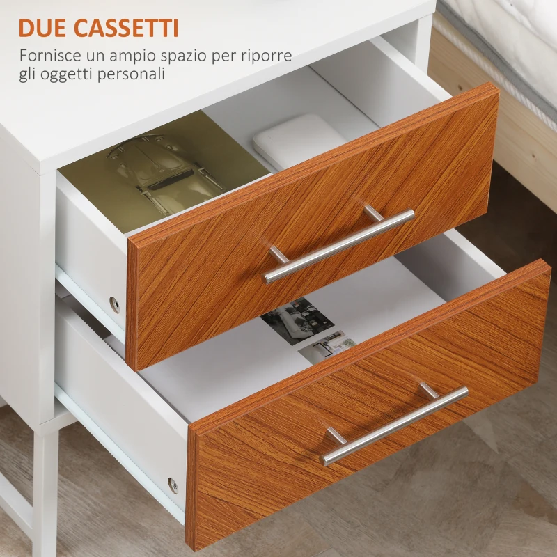 HOMCOM Set da 2 Comodini Moderni con 2 Cassetti in Metallo e Legno, 40x39x48cm, Marrone e Bianco