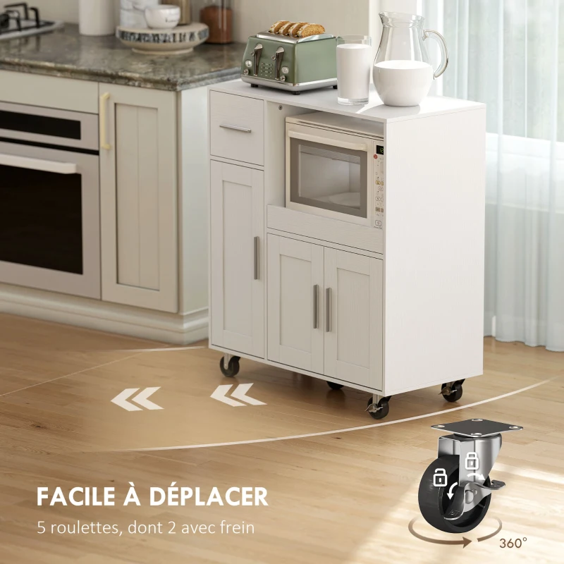 HOMCOM Desserte cuisine à roulettes, meuble micro onde, plateau coulissant, tiroir, placards 3 portes, 80x40x88,7cm, blanc(m-7)