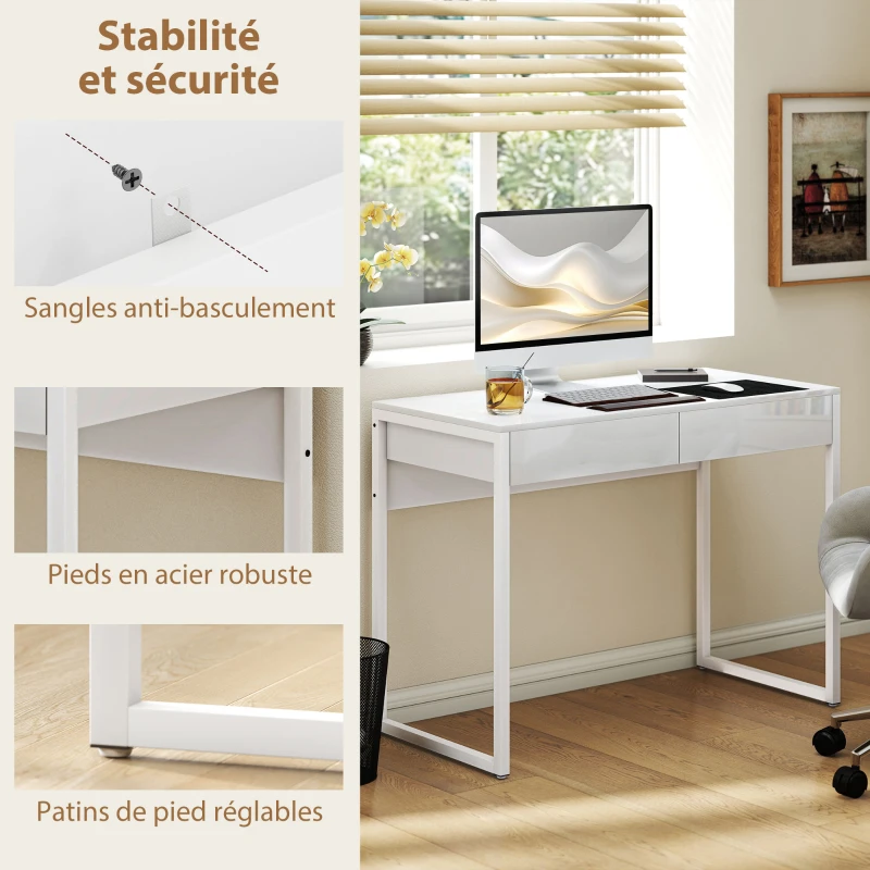 HOMCOM Bureau avec 2 tiroirs, table d'ordinateur 100 x 50 cm, bureau moderne pied en acier, pour petits espaces, blanc brillant