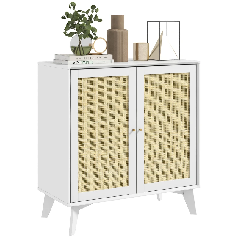 HOMCOM High sideboard, storage cabinet, bohemian design, double doors with 2 levels, rattan front, 80 x 40 x 85 cm, white