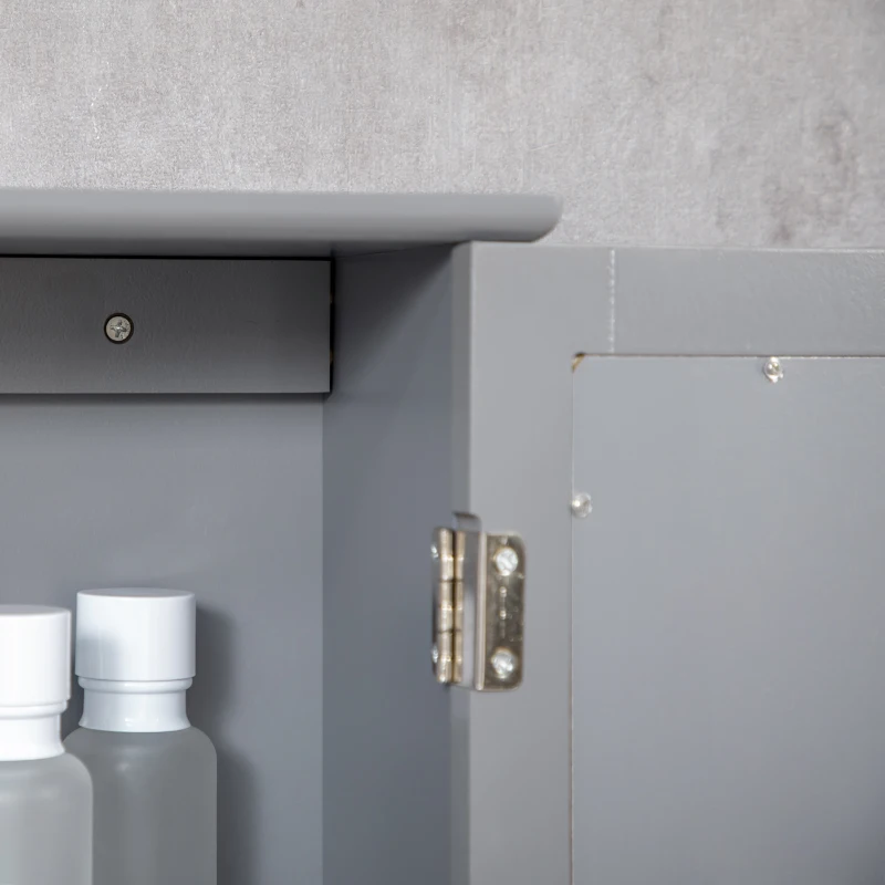 kleankin Wall-mounted bathroom cabinet with mirror - toilet storage cupboard - 1 door, 2 shelves - Glass and Wood gray