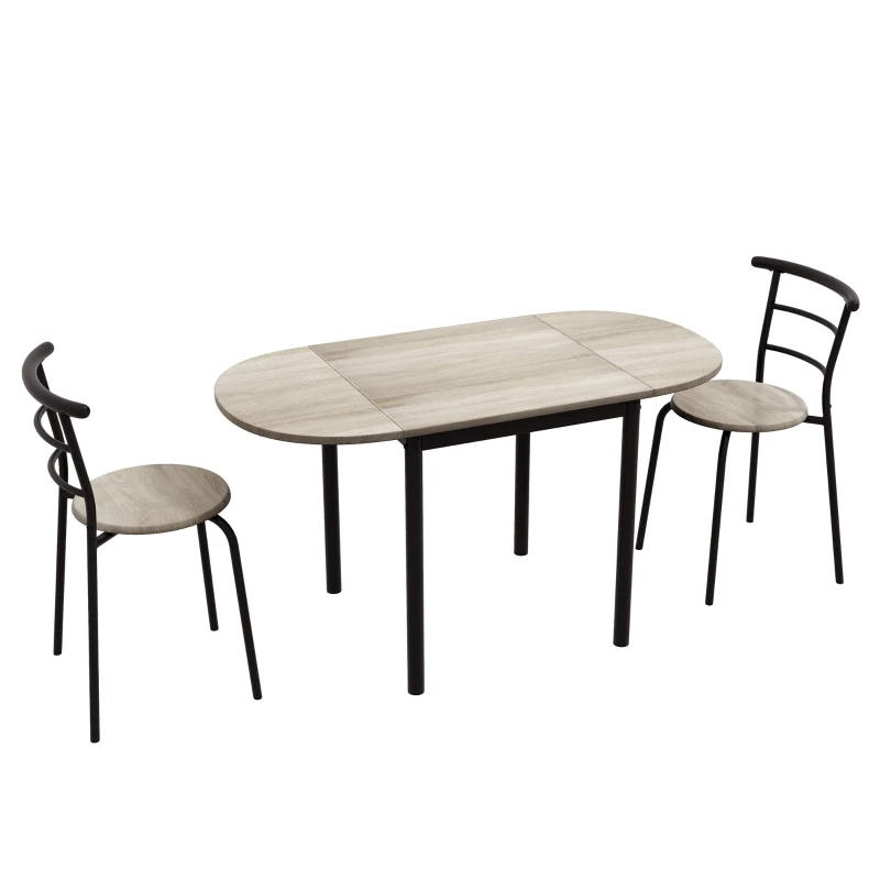 HOMCOM Extendable Oval Table and 2 Chairs Set - Drop-Leaf Table - Metal and MDF - Black and Natural