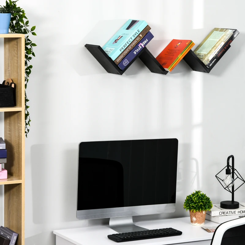 HOMCOM Floating wall shelves - contemporary V design - fixing kit included - black particleboard