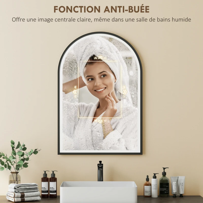 HOMCOM Miroir salle de bain avec éclairage 50 x 70 cm, miroir LED arqué, anti-buée, 3 couleurs lumière, dimmable, mémoire, noir
