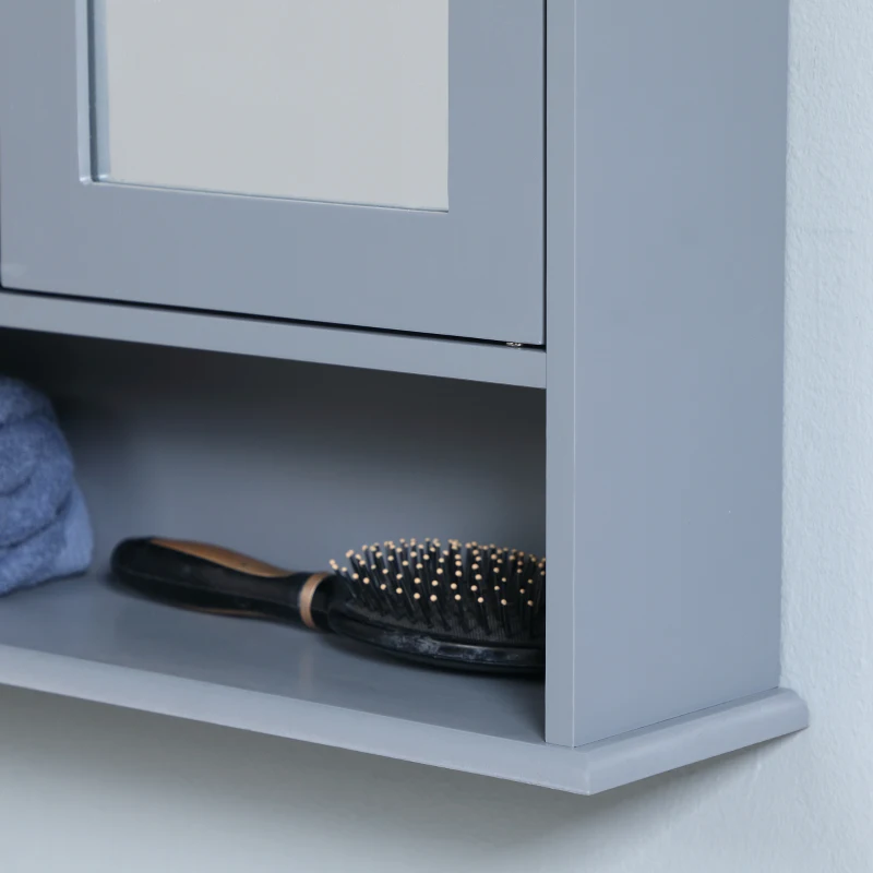 kleankin Wall Cabinet Shelf for Bathroom 56L x 13l x 58H cm Double Mirrored Door Adjustable Shelf MDF Gray