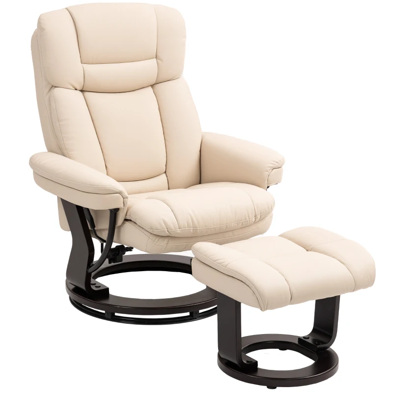 HOMCOM Recliner with Footstool, Adjustable Chair, Faux Leather Upholstery, Padded Chair with Folding Backrest, Cream White
