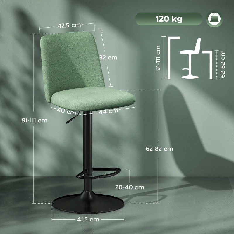 HOMCOM Set of 2 padded swivel bar stools with adjustable height, backrest and footrest, green