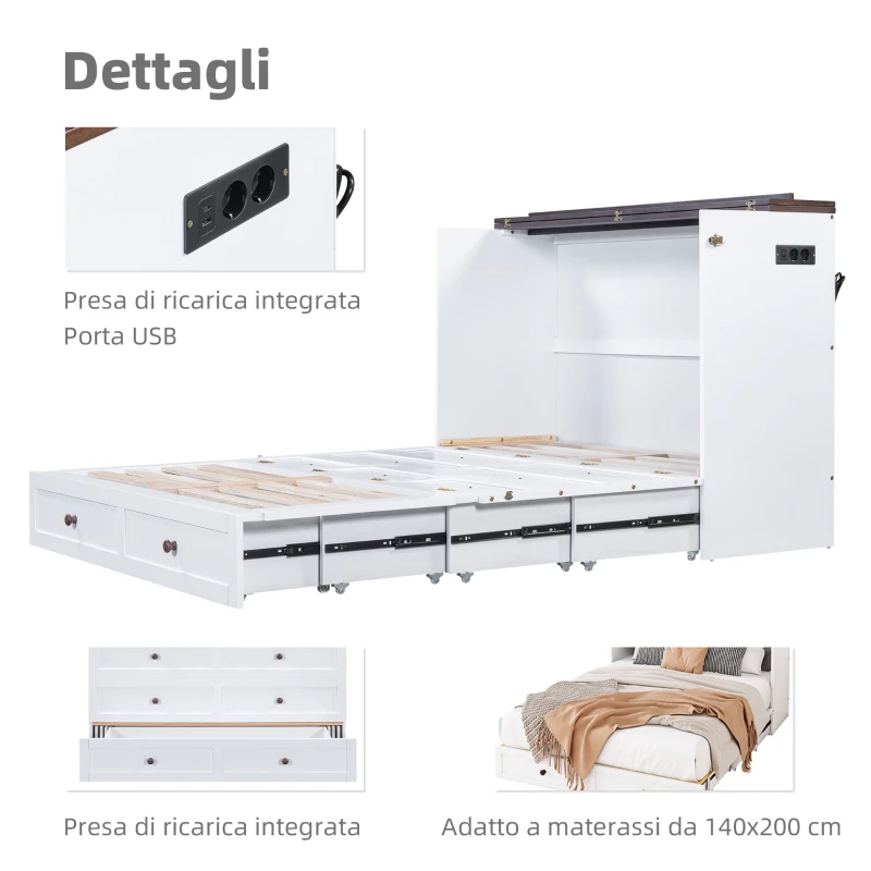 Letto a scomparsa 140x200 cm, letto a piattaforma mobile con cassetti e ripiani, trasformabile e salvaspazio, senza materasso, Bianco