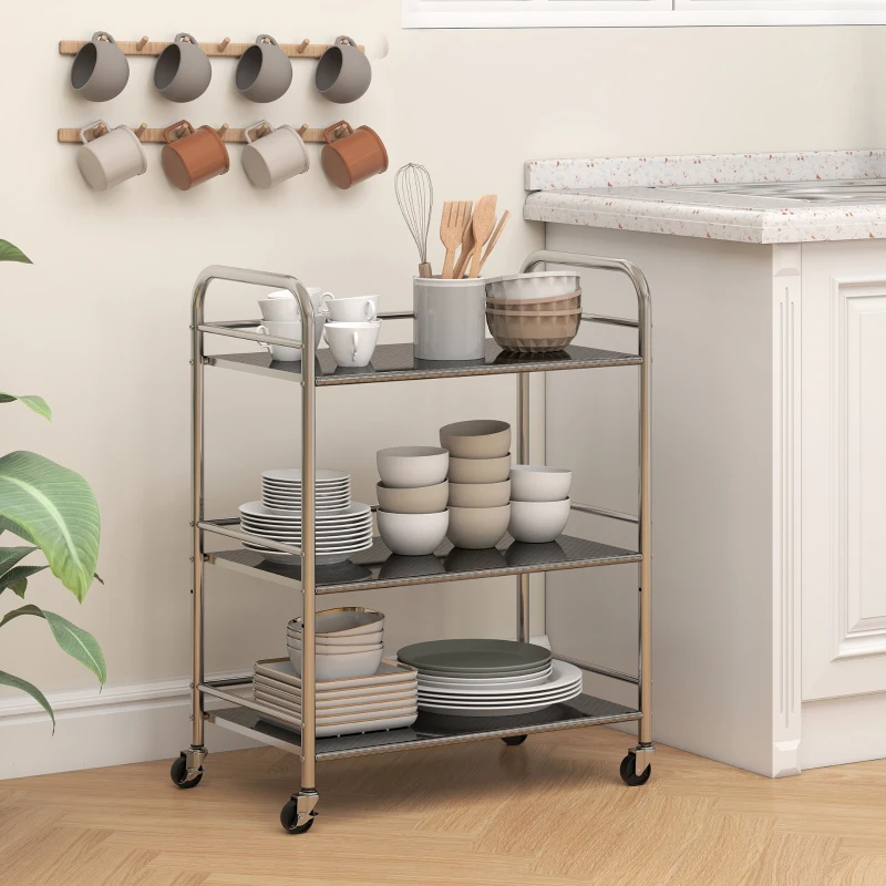 HOMCOM 3 Tier Stainless Steel Kitchen Storage Trolley with Adjustable Shelf - Silver