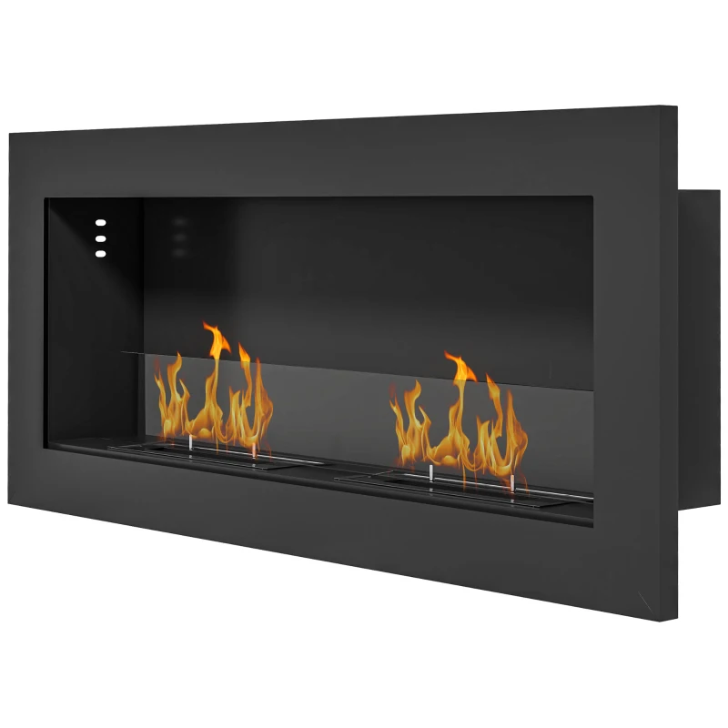 HOMCOM Wall-mounted inset bioethanol fireplace, 2 x 0.85 L burners, approx. 3 h burn time, 90 x 15 x 40 cm, black steel