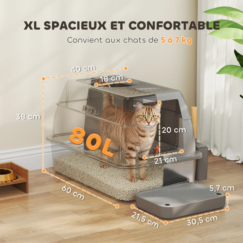 PawHut Bac à litière fermé maison de toilette pour chat acier inoxydable couvercle marche anti-dispersion 60x40x38cm gris foncé