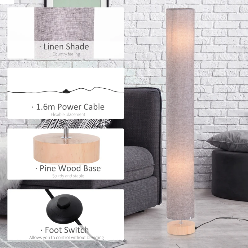 HOMCOM Floor Lamp for Living Room, 47" Modern Standing Lamp with Linen Shade, Wooden Base, Grey