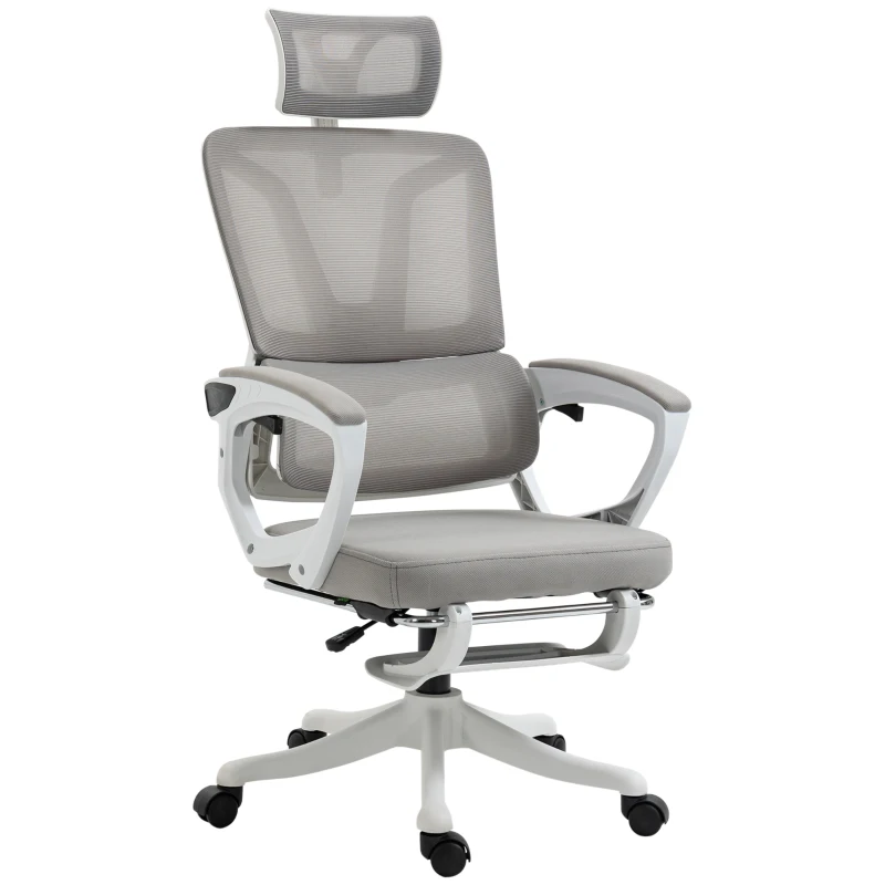 Vinsetto Office chair adjustable backrest retractable footrest adjustable headrest lumbar support mesh fabric white and gray