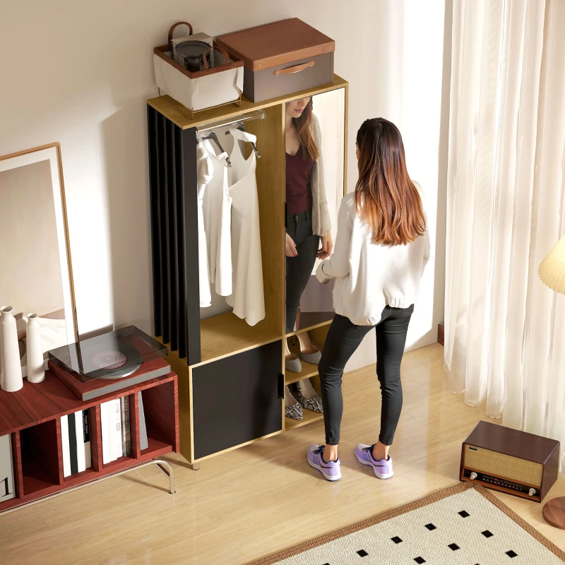 HOMCOM Wardrobe with Mirror and Hanging Rail, Storage Compartments, Open Shelves, Natural Wood, Black