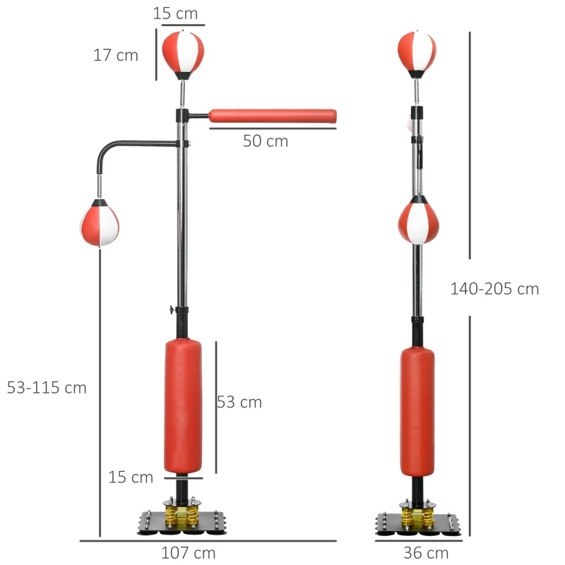 SPORTNOW Punching Bag Stand, two Speedballs, rotatable punching bar, kick pad, height-adjustable, steel, 107 x 36 x 140-205cm