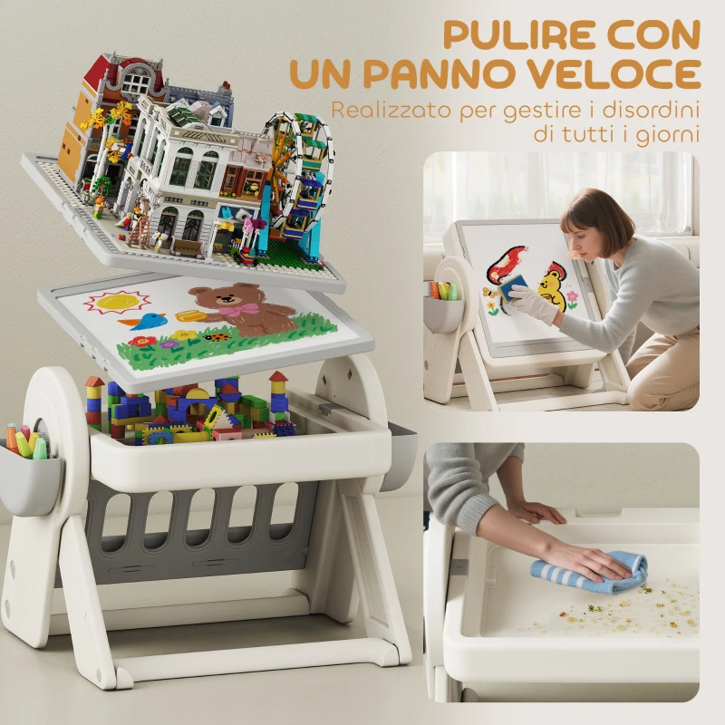 AIYAPLAY Tavolo Multiuso per Bambini con Ripiano Contenitore e Cassetti, in HDPE e PP, Grigio e Bianco