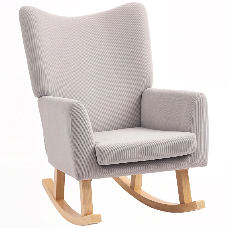 HOMCOM Retro-style rocking chair, cord upholstery, rubberwood, foam filling, high back, upholstered chair, Light Gray