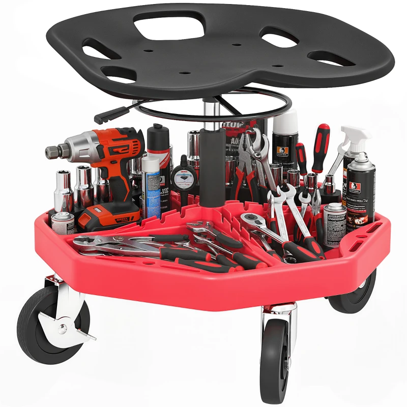 HOMCOM Tabouret d'Atelier Mobile avec Plateau Magnétique Roulettes Hauteur Réglable de 52–59,5 cm Charge 135 kg pour Garage Rouge