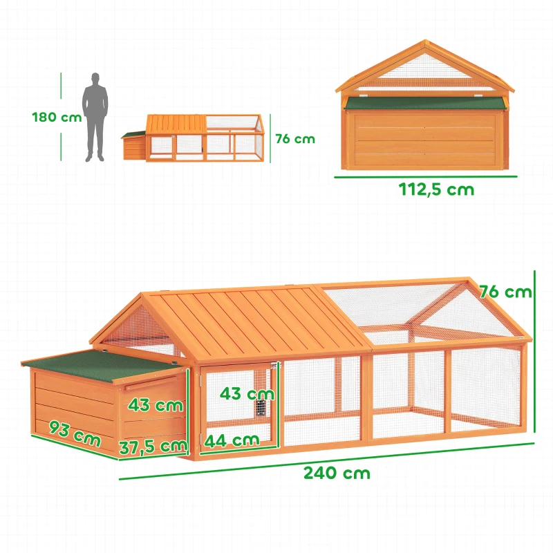 PawHut Galinheiro de Madeira para 4-8 Galinhas com Teto Abatível Cercado Portas com Fechadura e Caixa Ninho 240x112,5x76cm Madeira