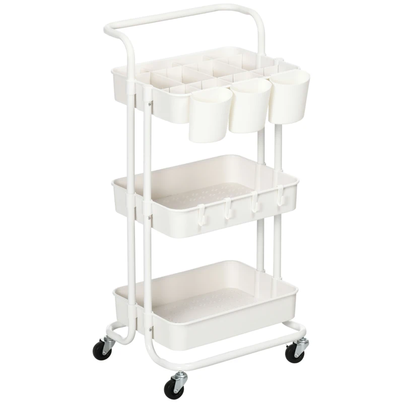 HOMCOM Three-Tier Home Trolley, with Handle and Wheels - White