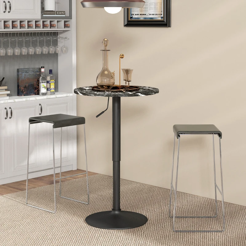 HOMCOM Bar table for 2 People, Height-adjustable, Marble look, 60 x 60 x 68-93.5 cm, Black