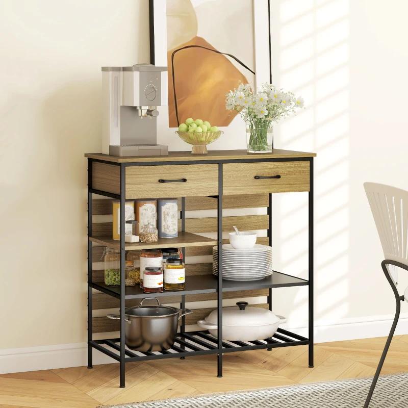 HOMCOM Kitchen sideboard, storage cabinet with 2 drawers and 3 open shelves, 90 x 40 x 91 cm, natural wood and black