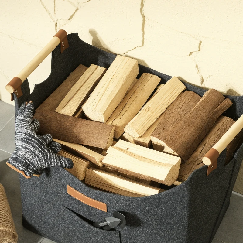 Outsunny Borsa in Feltro Portalegna da Interno con Manici in Legno, Capacità 15 kg, 45x32x40 cm, Grigio