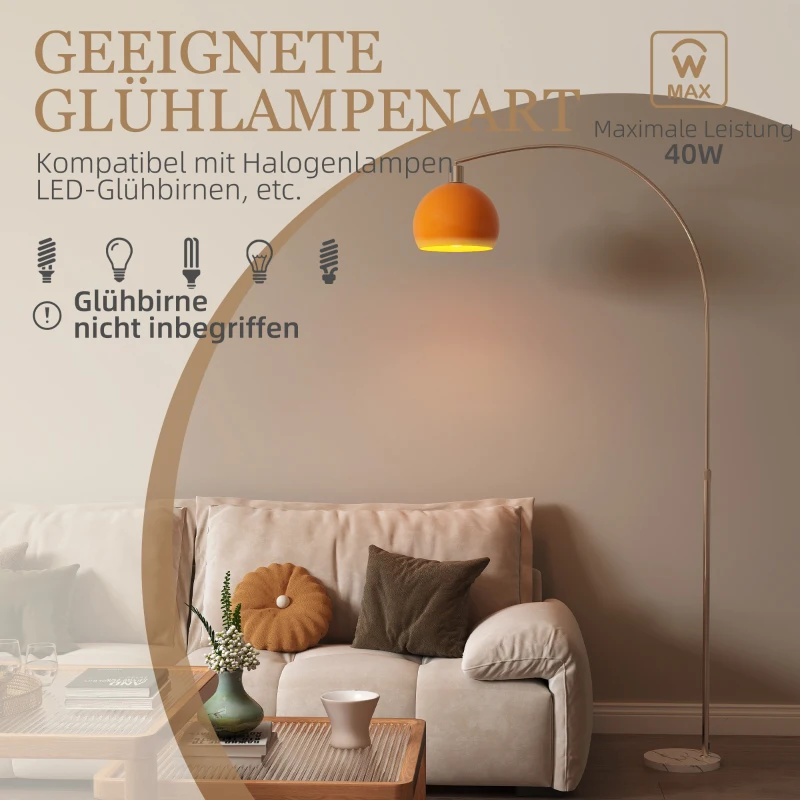 HOMCOM boogvloerlamp met voetschakelaar, van marmer, metaal en kunststof, 26x90x180 cm, wit en oranje(m-6)