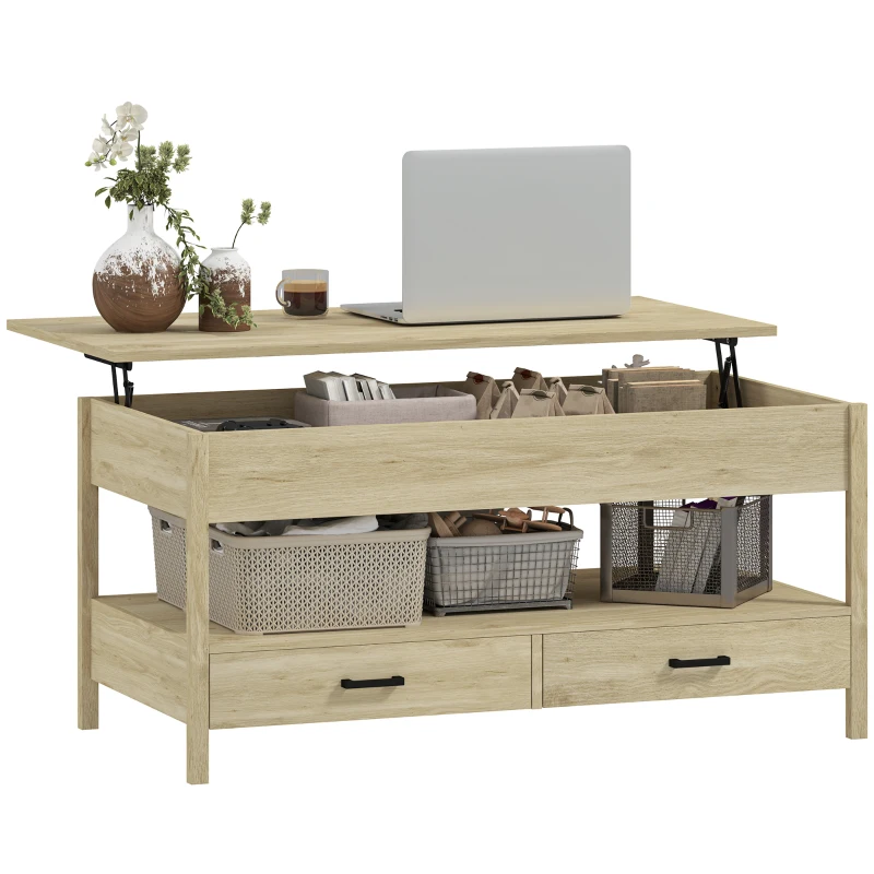 HOMCOM Lift-top Coffee Table, Coffee Table with Drawers and Hidden Compartment for Living Room, Home Office, Oak