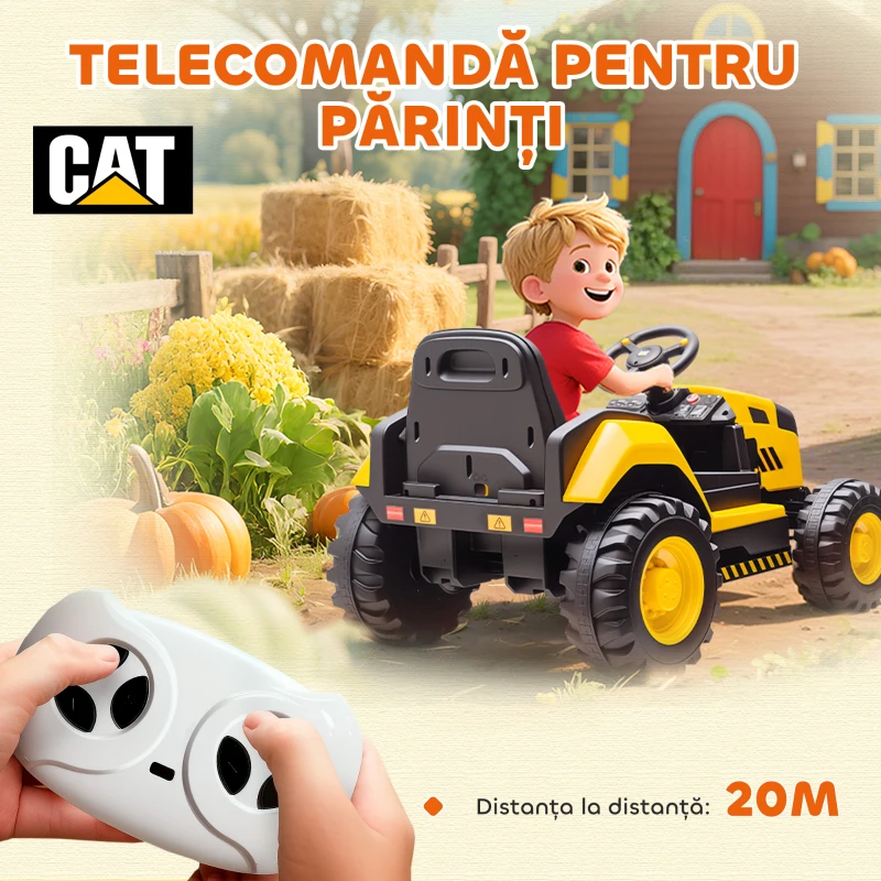 AIYAPLAY Mașină Electrică pentru Copii 3-6 Ani, Licențiată Oficial de CAT, 12V, Control Manual și cu Telecomandă, Galben