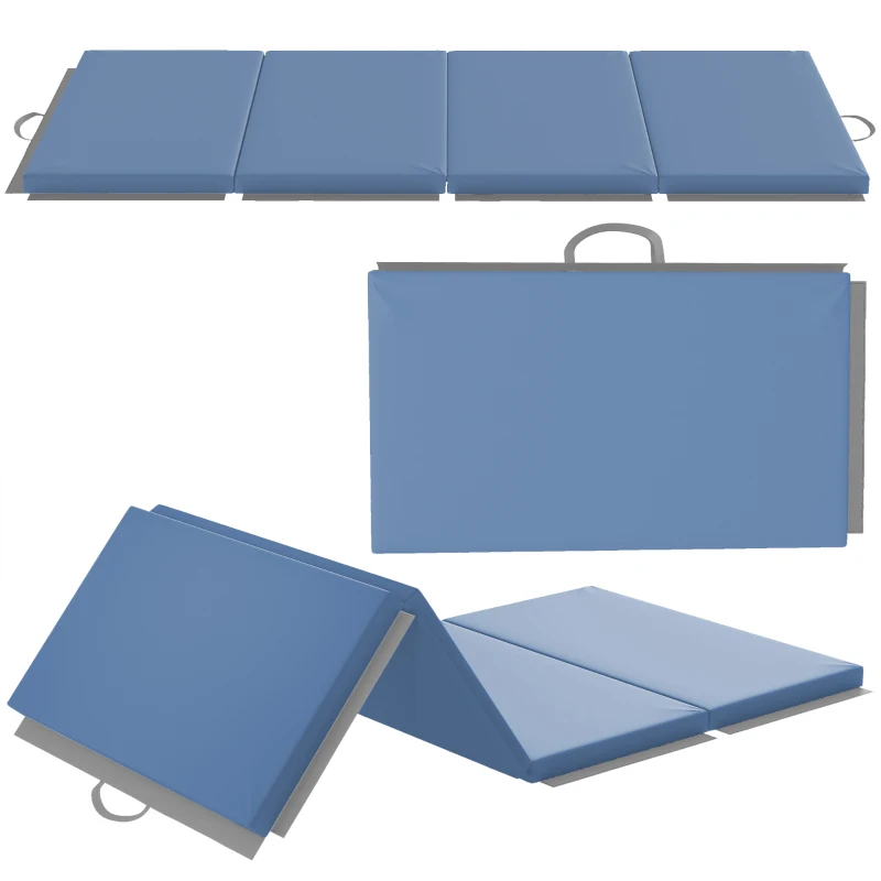 HOMCOM Foldable 4-panel gymnastics yoga pilates fitness mat with handles synthetic cover 180 x 80 x 5 cm light blue