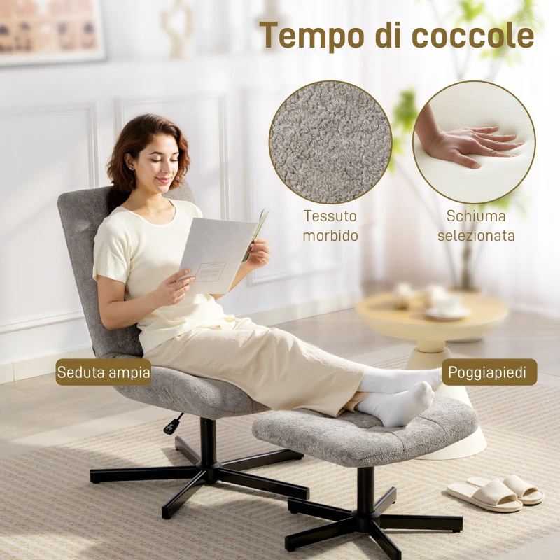 HOMCOM Poltrona Reclinabile su 4 Livelli Effetto Velluto con Poggiapiedi Indipendente, 66x80x93-104 cm, Grigio