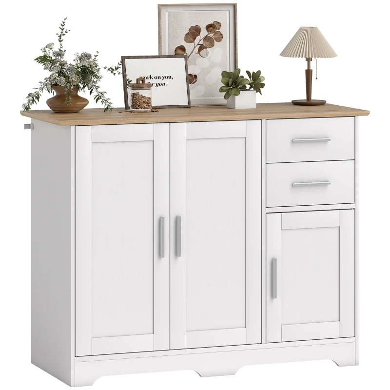 HOMCOM Credenza Moderna in Legno con 2 Cassetti e 2 Armadietti, 100x40x78 cm, Bianco e color Legno