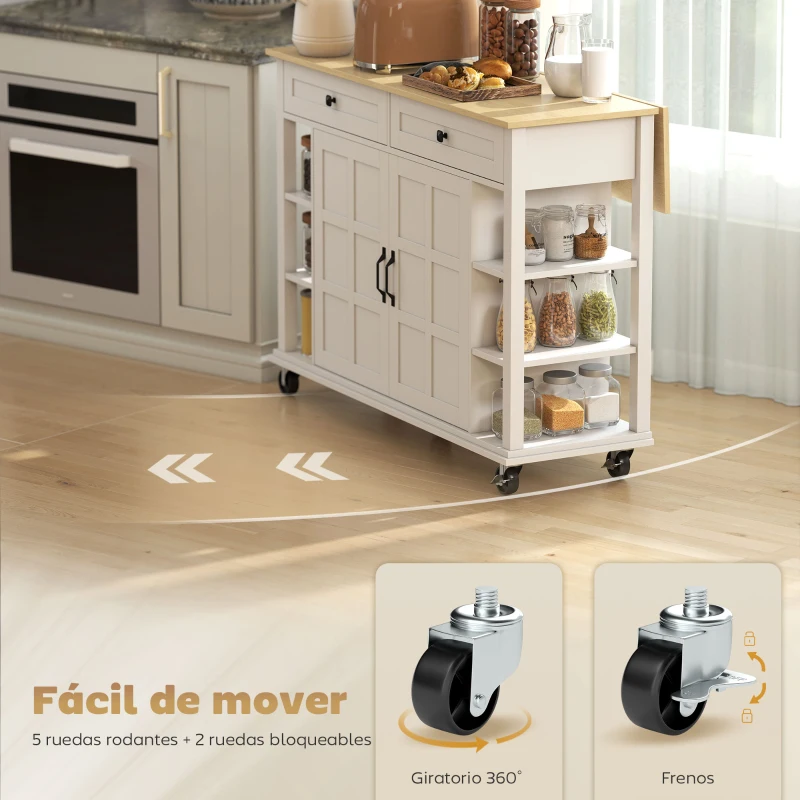 HOMCOM Isla de Cocina con Ruedas Encimera Plegable 2 Puertas con Cierre Suave 2 Cajones 6 Estantes Abiertos Blanco