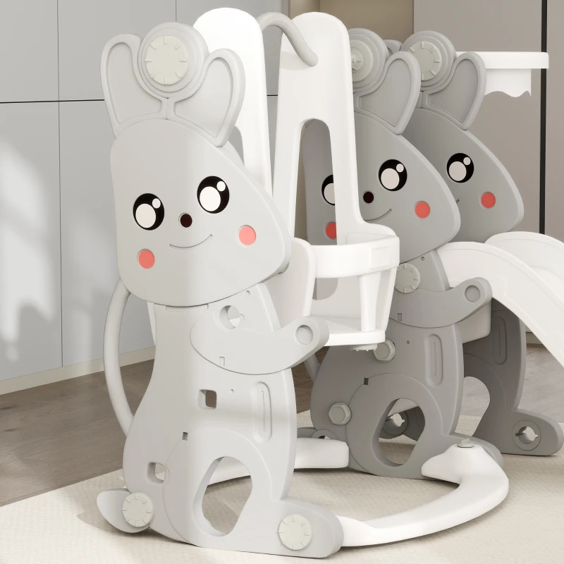 AIYAPLAY 4-in-1 playset for toddlers, slide, swing, climbing frame, basketball hoop, plastic, bunny design, gray