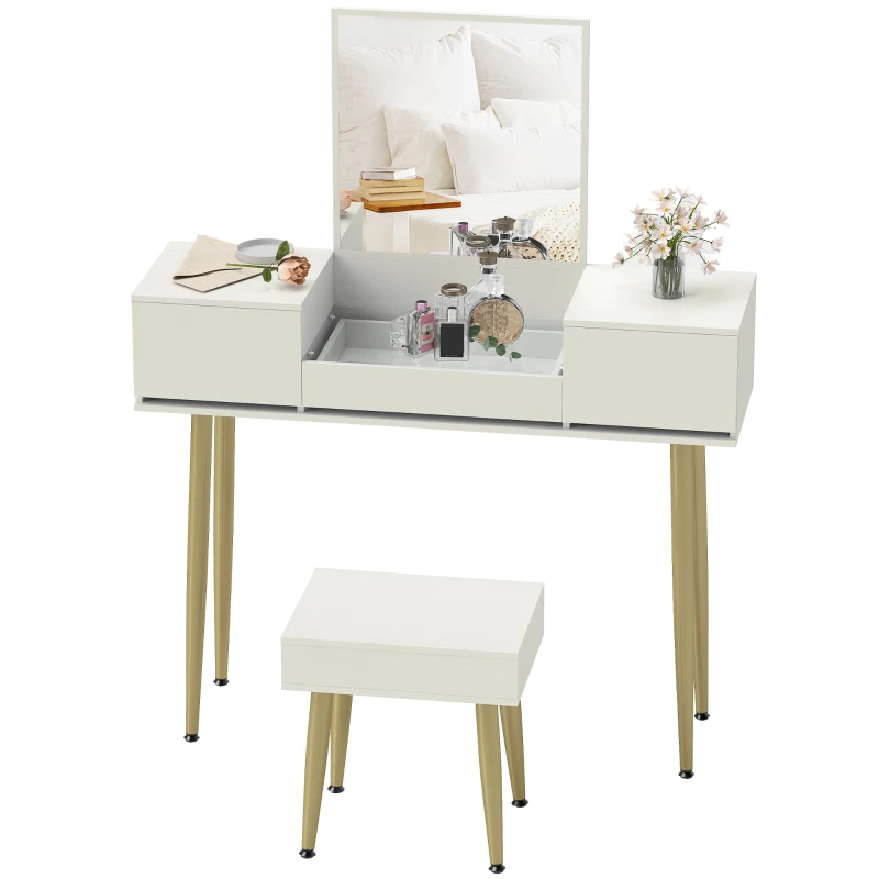 HOMCOM Vanity with mirror and stool with 3 drawers and metal legs, tempered glass top, white