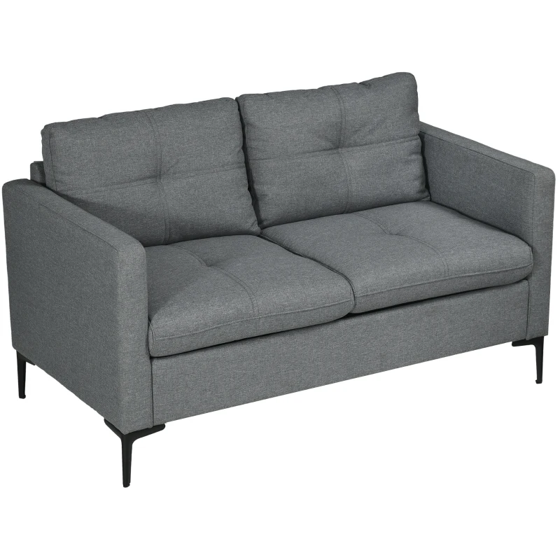 HOMCOM Contemporary 2-Seater Sofa Black Metal Legs Dark Grey Linen-Look Fabric