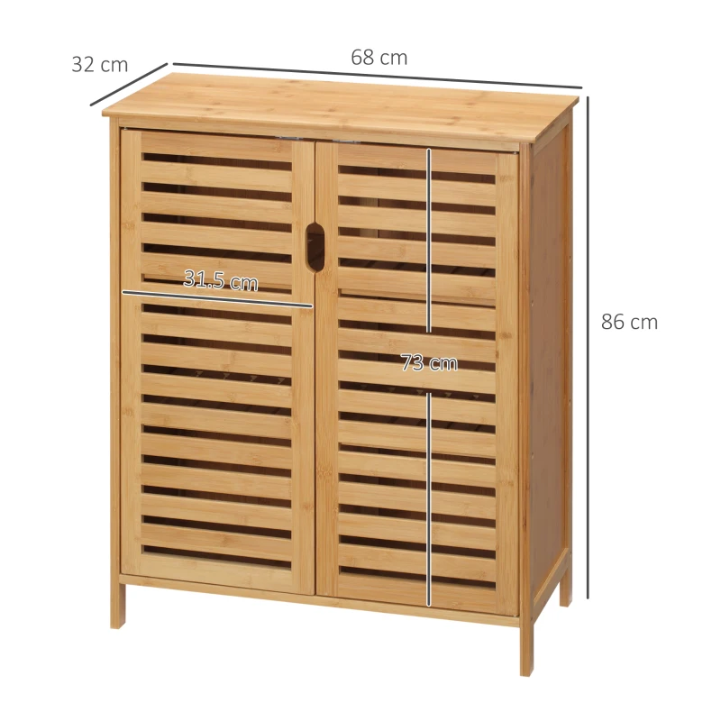 kleankin Bamboo bathroom cabinet, freestanding bathroom cupboard with double slatted doors, 68 x 32 x 86 cm, natural