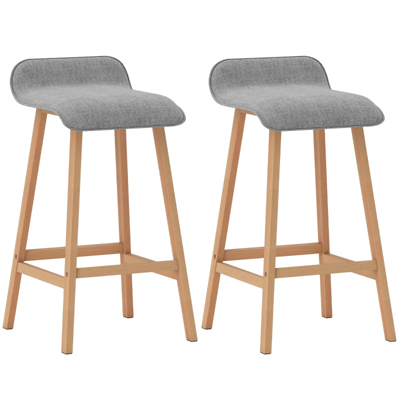 HOMCOM Scandinavian-style Bar Stools - Set of 2 Bar Stools with Footrest - Pine Wood Polyester Linen-Look Grey