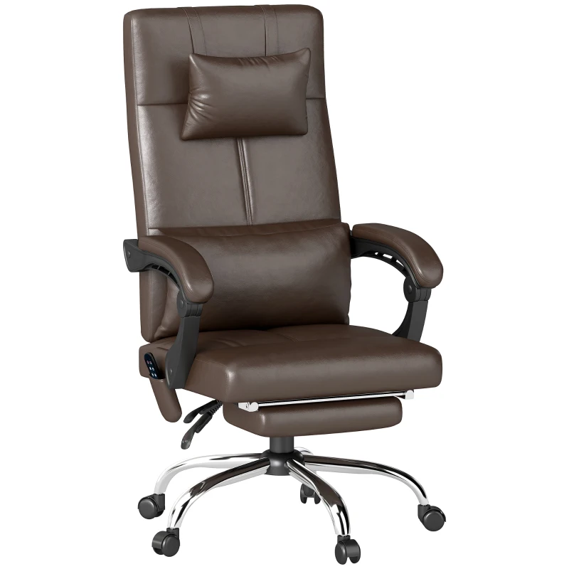 Vinsetto Bürostuhl mit Massagefunktion, Ergonomischer Schreibtischstuhl mit Liegefunktion, Kopfkissen, höhenverstellbar, Braun