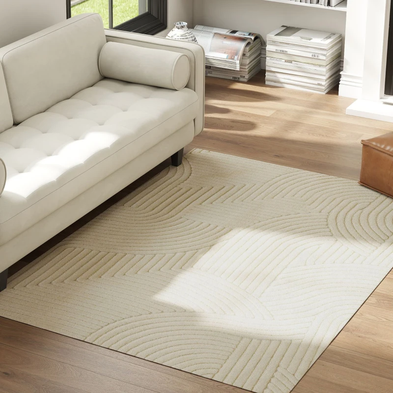 HOMCOM Living Room Rug 200 x 140 cm, Thick Pile Geometric Rug, Plush & Non-Slip, Cream