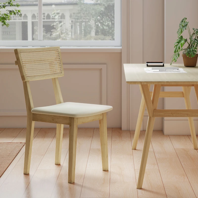 HOMCOM Set of 2 dining chairs, kitchen chairs with rattan-effect backrest, hevea wood frame, natural wood