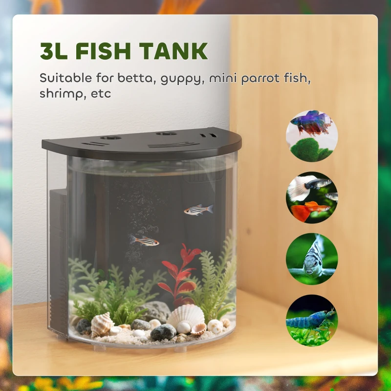 PawHut 3L Small Fish Tank with Filter System, LED Light, Small Fish Tank for Betta, Shrimp, Black