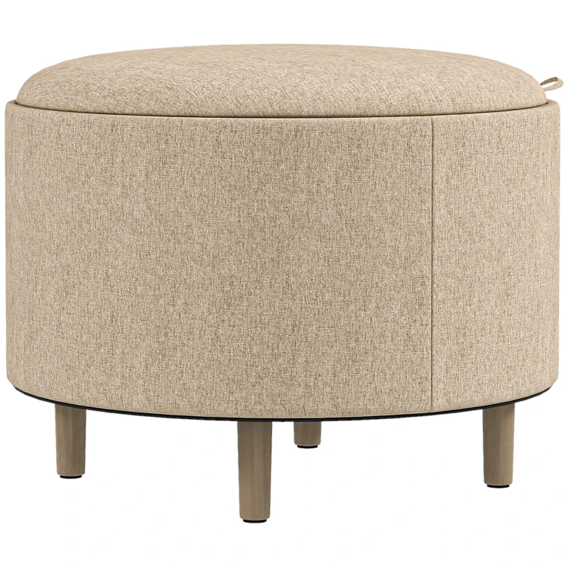 HOMCOM Round Ottoman Footrest Stool with Storage Compartment, Reversible Tray, 3-in-1 Furniture, Solid Wood Legs, Beige