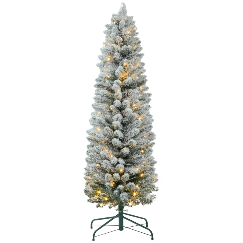 HOMCOM Albero di Natale Innevato con 263 Rami e Luci LED Bianche in Plastica e Metallo, Ø45x150 cm, Verde