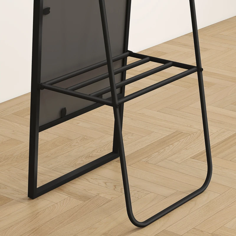 HOMCOM Freestanding Rectangular Mirror 148.5 x 40 cm with Rear Shelf, 2 Hooks and Metal Frame, Black